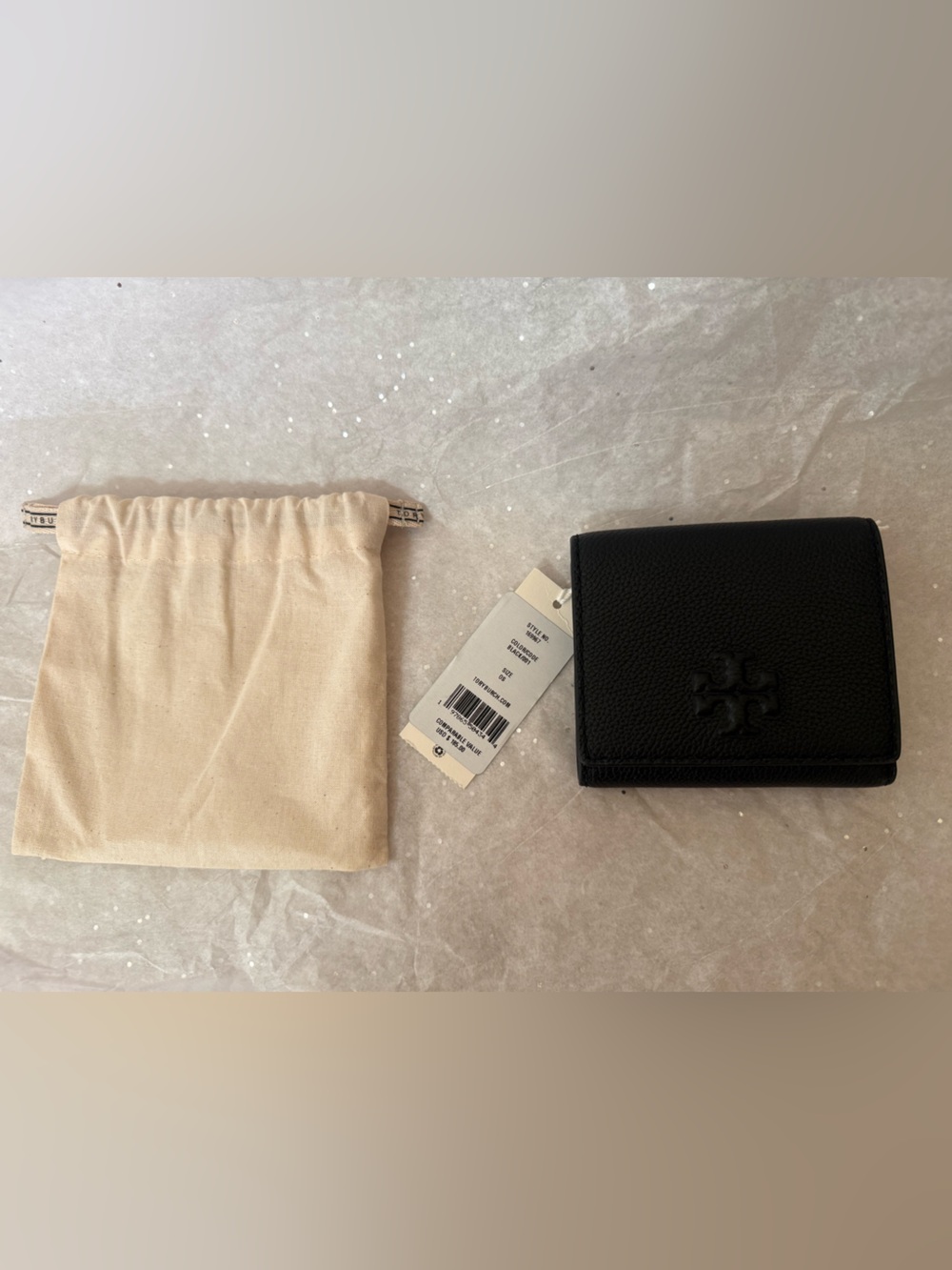 Tory Burch Black Pebbled Leather Compact Wallet with Logo Detail
